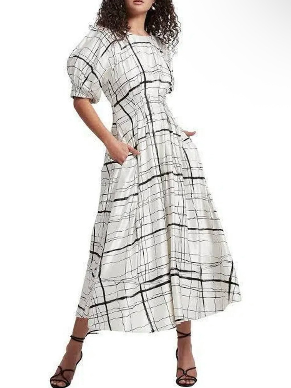 Aje White Black Grid Print Midi Dress